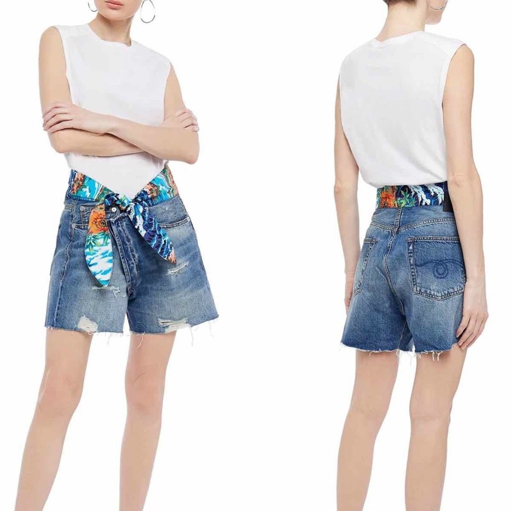 R13 Printed Poplin-Trimmed Distressed Denim Shorts
